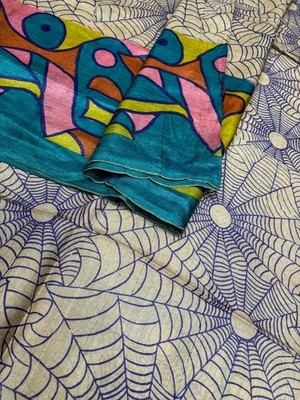 Vintage Tussar Silk Saree, Upcycled Printed Tussah Silk DIY Craft Fabric TS1039