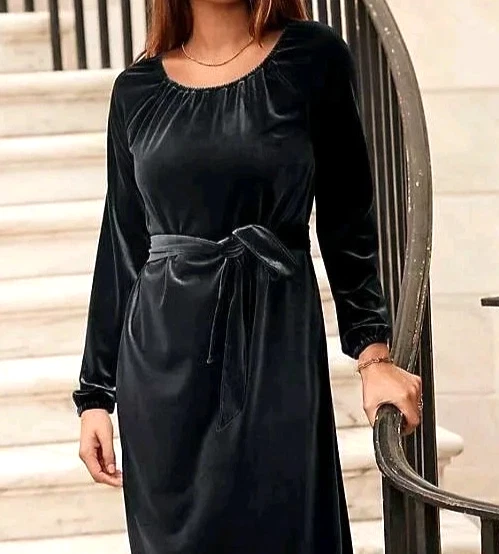 NUEVO Vestido Lands' End Gris Oscuro Terciopelo Corbata Cintura Campesino Midi 2X~20W~22W Foto 2 de 4