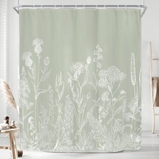 Sage Green Floral Wildflower Plant Herbs Nature Bathroom Shower Curtain Set