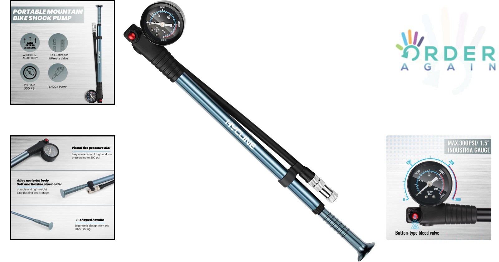 Bike Shock Pump High Pressure 300 PSI Aluminum Alloy with Gauge for Forks