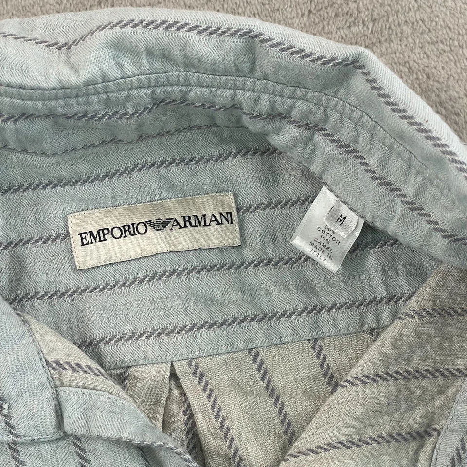 复古 Emporio Armani 衬衫男式中号蓝色骆驼头发混纺意大利设计师 — 第 3/4 张图片