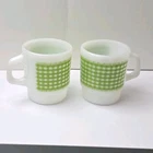 2 Vintage Anchor Hocking Fire King Gingham Green Milk Glass Mug Cups Made in USA