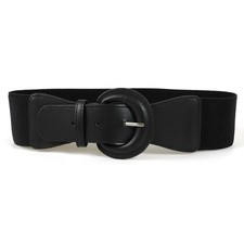 Women Retro Round Buckle Black Faux Leather Stretch Belt Corset Dress Waistband