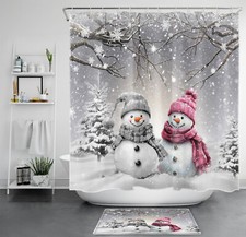 Funny Xmas Snowman and Tree in Winter Shower Curtain Bathroom Accessories Set
