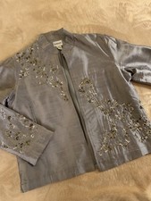 New CHICO  S Women's Silver 100 Silk Beaded Jacket Size 1 /M NWT