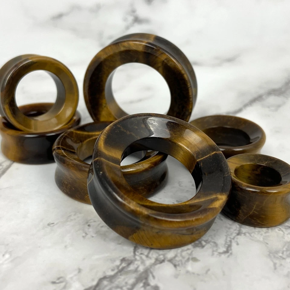 Par de TÚNELES CÓNCAVOS Piedra Ojo de Tigre Conjunto Medidores Tapones Orgánicos Tamaño Grande Foto 2 de 4