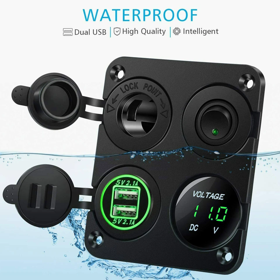 Cargador de enchufe USB doble de 4 velocidades 1 panel voltímetro LED verde + toma de corriente de 12 V coche Foto 4 de 4