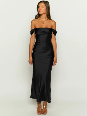 off shoulder maxi dress casual Monique Off-Shoulder Grayson & Porter * Convertible neckline Slate Blue Dress - Satin
