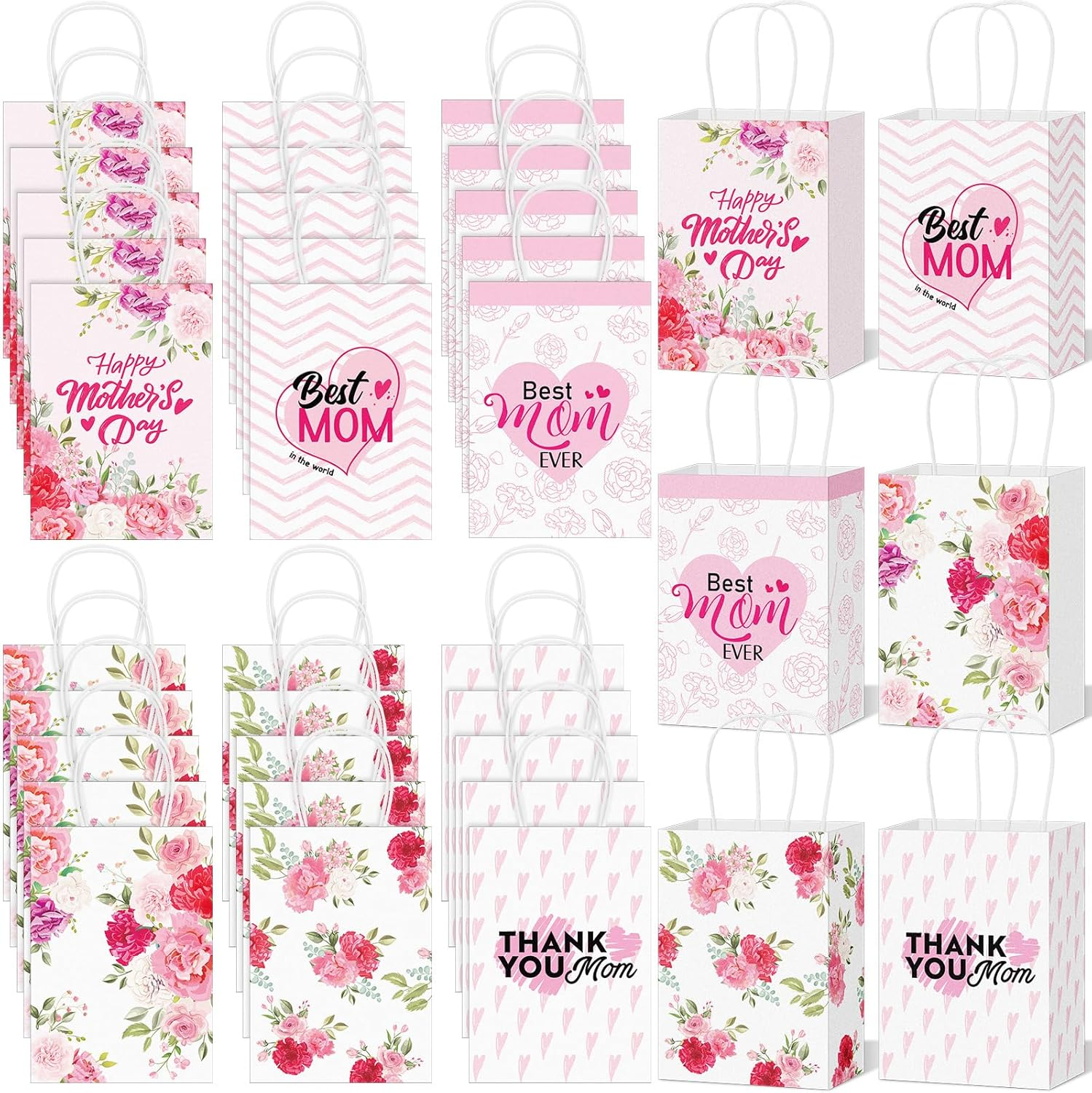 30 Pcs Mother'S Day Gift Bags with Handle Pink Carnation Happy Mother'S Day Gift