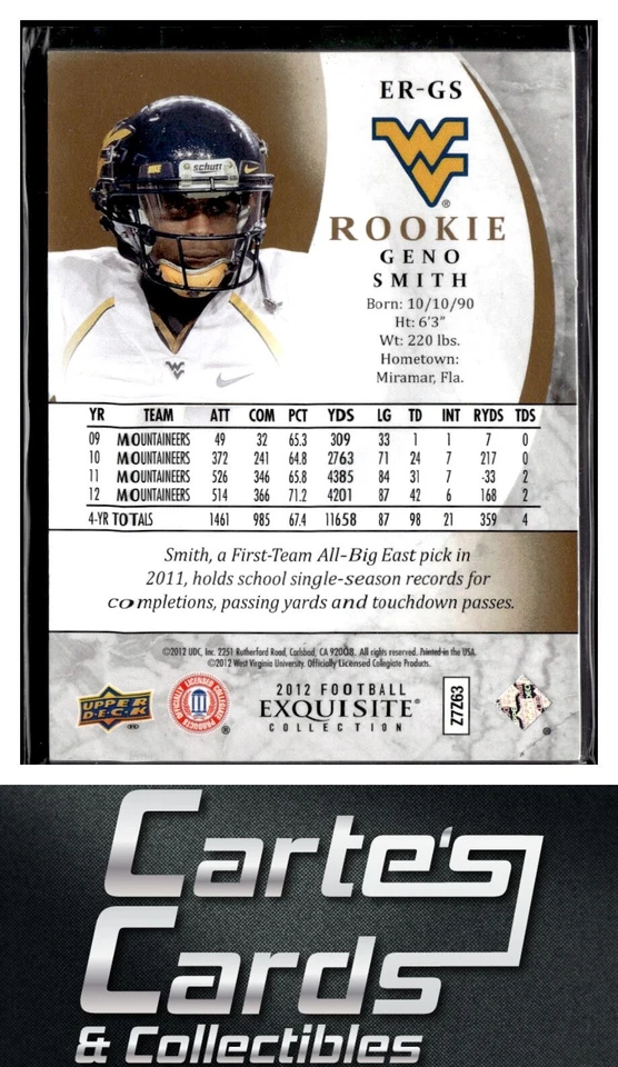 Geno Smith 2012 Upper Deck Exquisite #ER-GS Draft Picks WVU Rookie 43/175 - Image 2 of 2