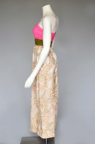 Vintage 1960s Pink Green Floral Satin Brocade Maxi Party Prom Dress Coat Set XS - Picture 5 of 10