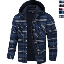 Men's Shirt Jacket Quilted Lined Plaid Flannel Shirt Detachable Hood Winter Coat