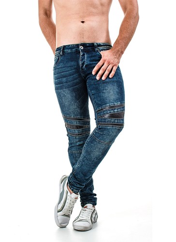 Jeans Uomo Elasticizzati Pantaloni Skinny Slim Fit Stretti con Inserti in  Pelle | eBay