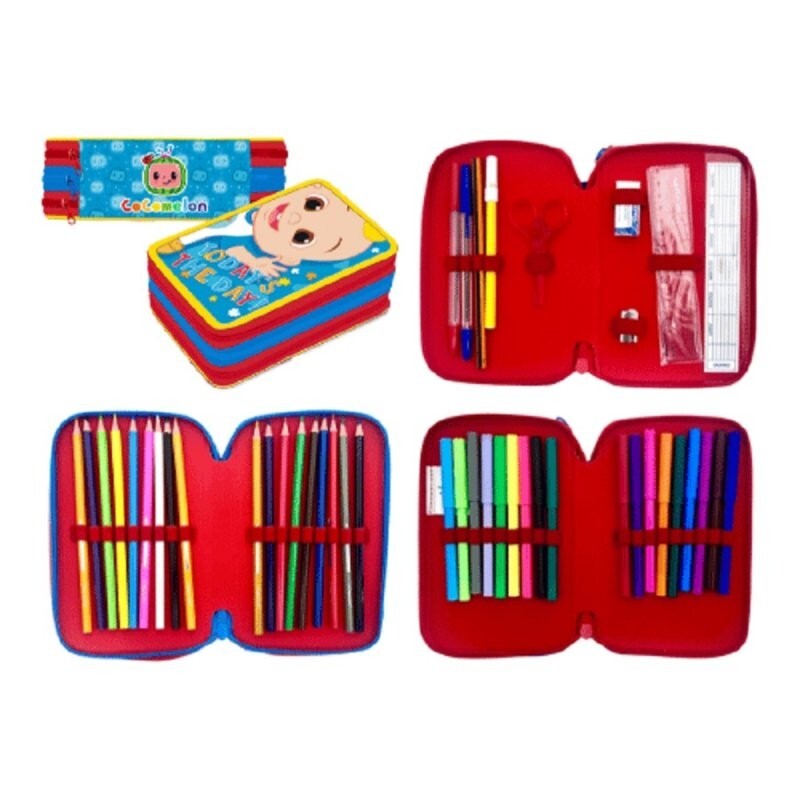 Cocomelon Pencil Case Stationery Filled 3 Tier Zipped Kids Boys Girls 45 Piece