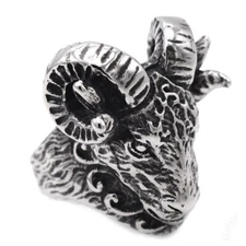 Vintage Men's Horn Goat Head Ring Stainless Steel Gothic Biker Heavy Ram Ring