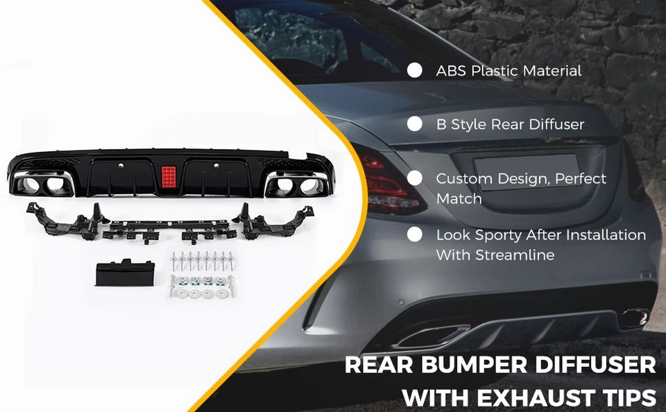 FOR 15-21 BENZ W205 C63 C43 SEDAN B STYLE LED BUMPER DIFFUSER + EXHAUST TIPS Set Foto 4 de 4
