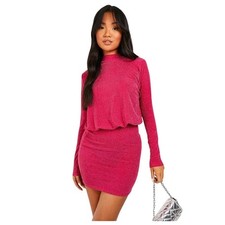 Booboo Women's Glitter Long Sleeve High Neck Draped Mini Dress Women's Size S #8