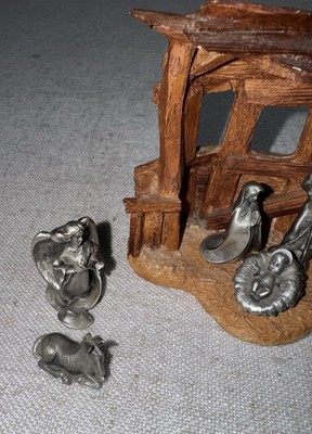 1983 Hudson Fine Pewter USA Mini Nativity Set w/ Porcelain Crèche