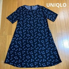 UNIQLO Floral Crepe Flare Dress M Navy Unused Short Sleeve