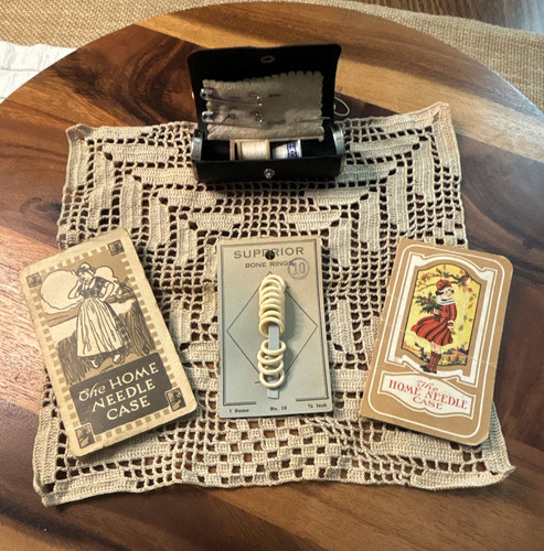 Vintage Sewing Notions Lot Travel Sewing Kit Needle Cases Bone Rings Doily
