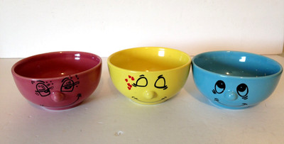 Lot 3 Livingware Collection Dolce Vita Soup Salad Bowls 3D Funny Faces Ceramic