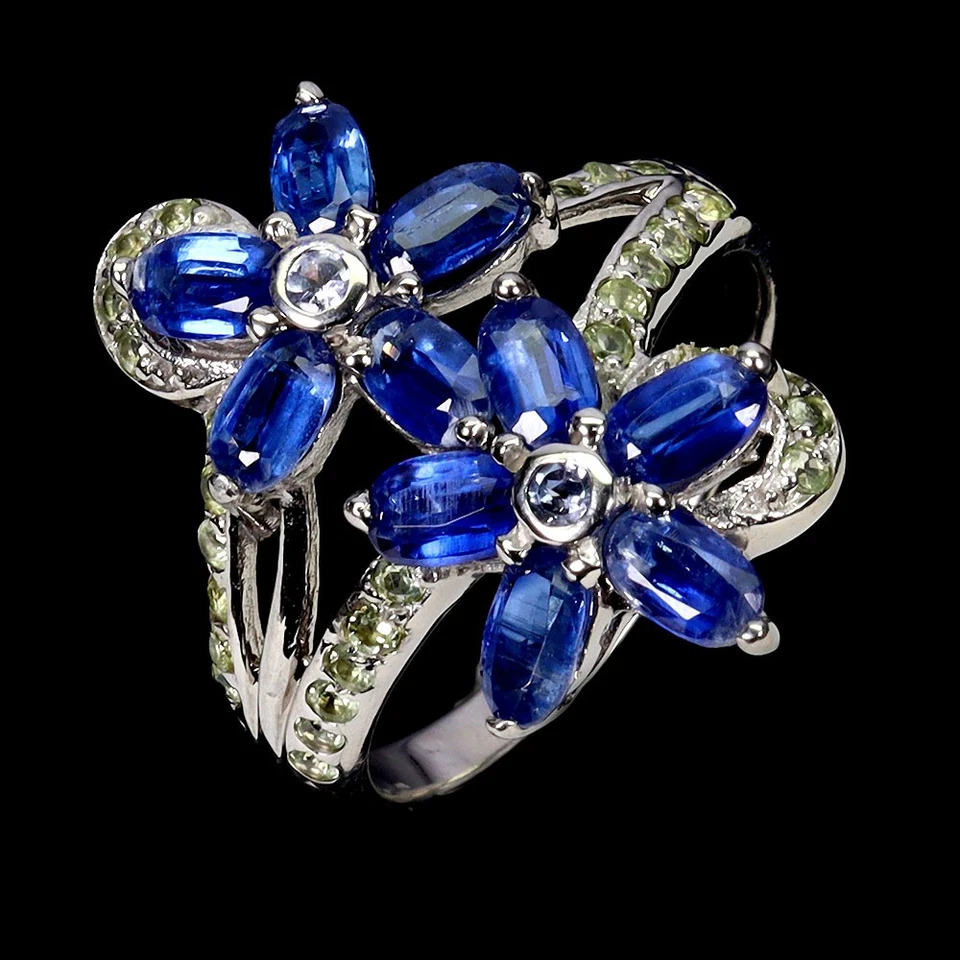 925 Anello Argento Sterling Ovale Cianite Peridoto Tanzanite Naturale Gemma Size - Immagine 2 di 4