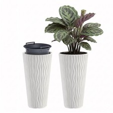 Tall Plant Pot with Insert 29.7cm Weather Resistant Slim White Flower Planter