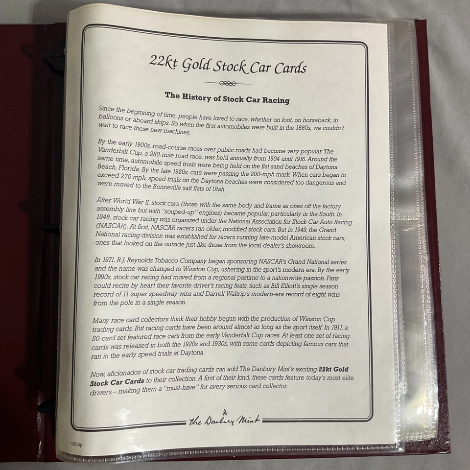 Juego completo de 50 tarjetas y certificado Danbury Mint 22KT Gold NASCAR Stock Car Racing Car Foto 3 de 4