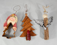 3 Rustic Christmas Ornaments Mixed Material Wood Metal Santa Angel Tree Cabin