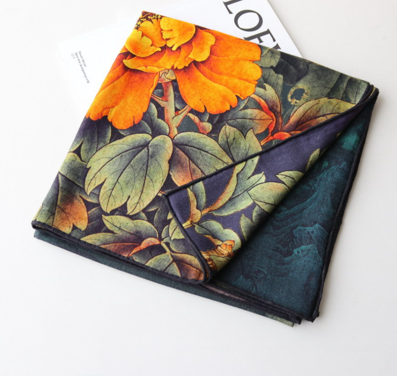 70% Cashmere 30% Silk Double-Faced Yellow Petal Print Scarf 53-Inch Bandana Wrap