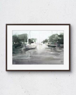 Boat Harbor 15x10 Original Watercolor Landscape Painting on Paper Signed bl