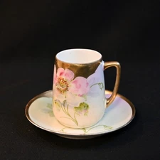 PM Moschendorf Bavaria Chocolate Cup & Saucer Hand Painted Floral Gold 1895-1910