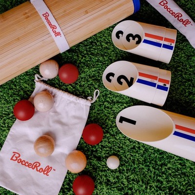 BocceRoll Plain balls, Natural wood with Blue trim; Red & striped balls