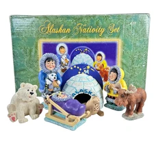 Alaskan Nativity Set Inuit Figures Igloo Moose Seal Polar Bear Tongass Trading