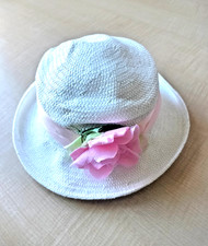 White Woven Kids Girls Hat Pink Ribbon w/ Flower 55cm Straw Design