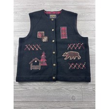 Woolrich Womens XL Black Wool Vest Embroidered Bear Cabin Lodge Rustic 9141