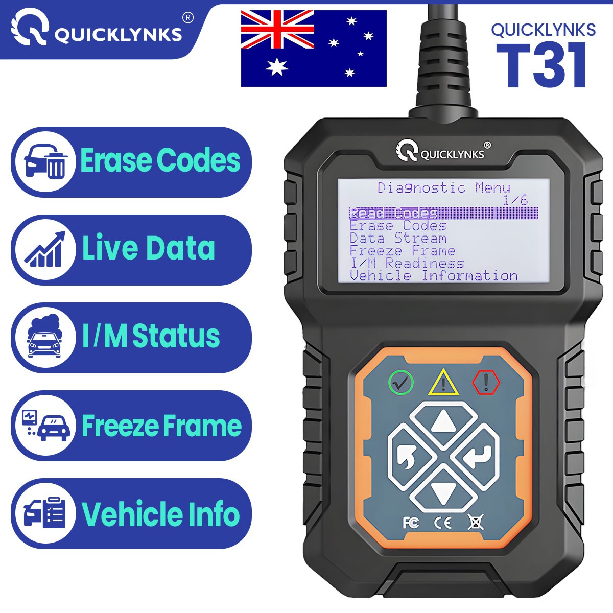 QUICKLYNKS T31 OBD2 Scanner Check Engine Light Code Reader Diagnostic Tool