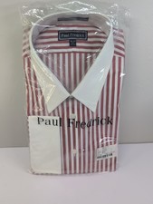 NIP Paul Frederick Red Stripe Non Iron 2 Ply Cotton Pinpoint Dress Shirt 18.5