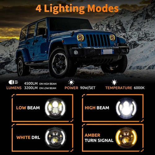 2PCS 7" Round LED Headlights Sealed Beam for Jeep Wrangler LJ CJ JK TJ JKU 97-17 - Picture 3 of 9