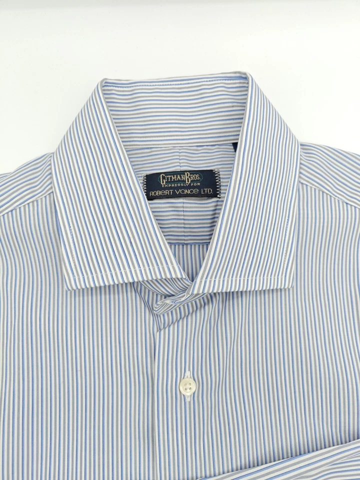 🇺🇲 Camisa de vestir Gitman Bros para hombre azul gris a rayas 100 % algodón 15x34  Foto 3 de 4