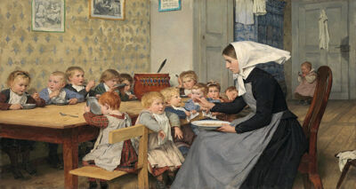 THE CRECHE CHILDREN AT THE TABLE EATING 1890 PAINTING BY ALBERT ANKER REPRO