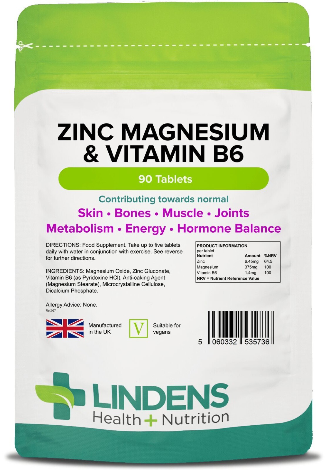 Zinc Magnesium Vitamin B6 High Strength 90 Tablets Fatigue Support Lindens