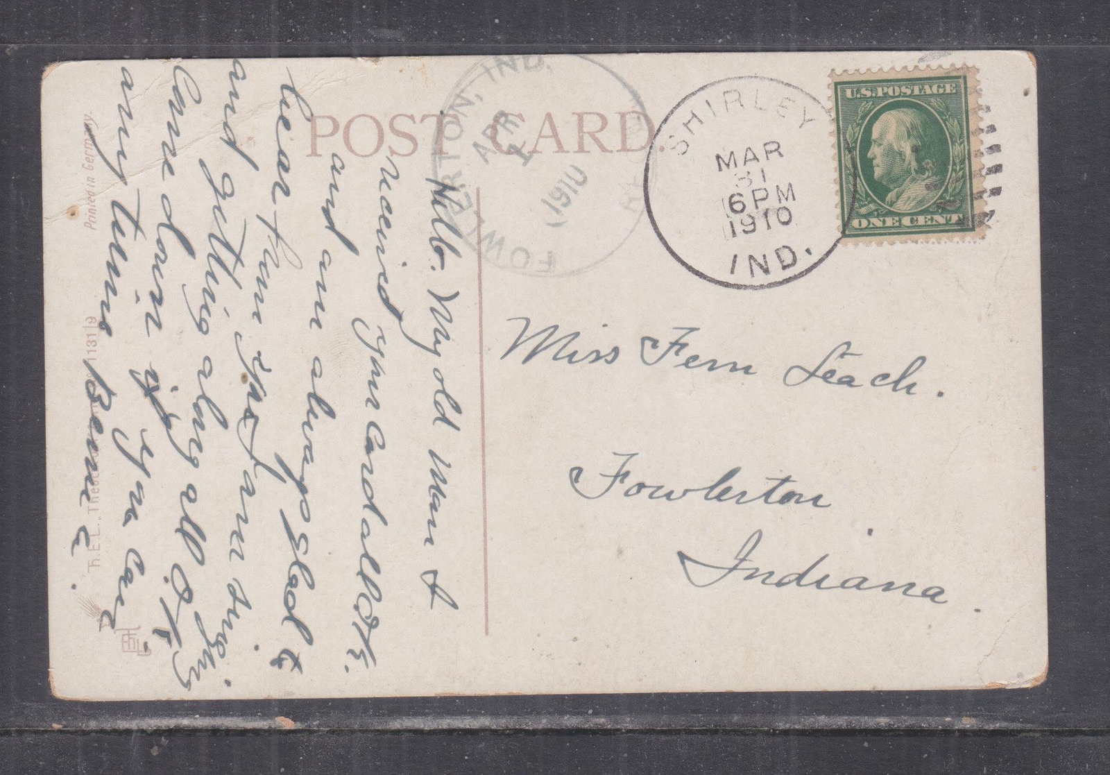 SHIRLEY, INDIANA, 1910 ppc. to Fowlerton, Indiana. eBay