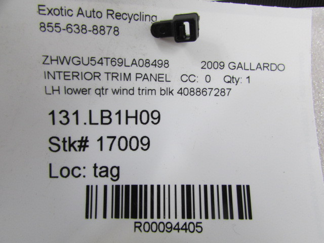 Lamborghini Gallardo, LH, Left Quarter Window Trim Panel, Used, P/N 408867287
