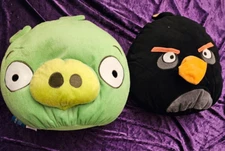 Angry Birds- 2 STUFFED PLUSH ANIMAL LOT - black BIRD and & Green PIG LARGE 12" !