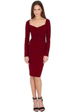 Womens Ladies Long Sleeve Wine Midi Pencil Cocktail Pleat Fitted Wiggle Dress