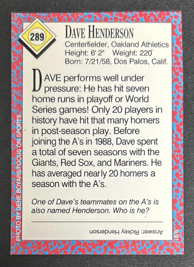 Tarjeta de béisbol 1991 Sports Illustrated for Kids SIFK Dave Henderson #289 A’s OF Foto 2 de 2