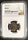 1937 NGC MS 64 Buffalo Nickel 5¢ Great Luster