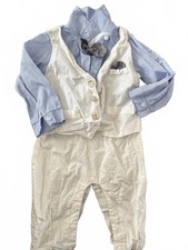 Baby Boy Formal Vest and Pants One-Piece Outfit with Blue Shirt and Bow Tie