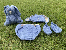 Handmade Crochet Blue/White Bunny Plush Toy Set w/ Hat, Diaper Cover Booties